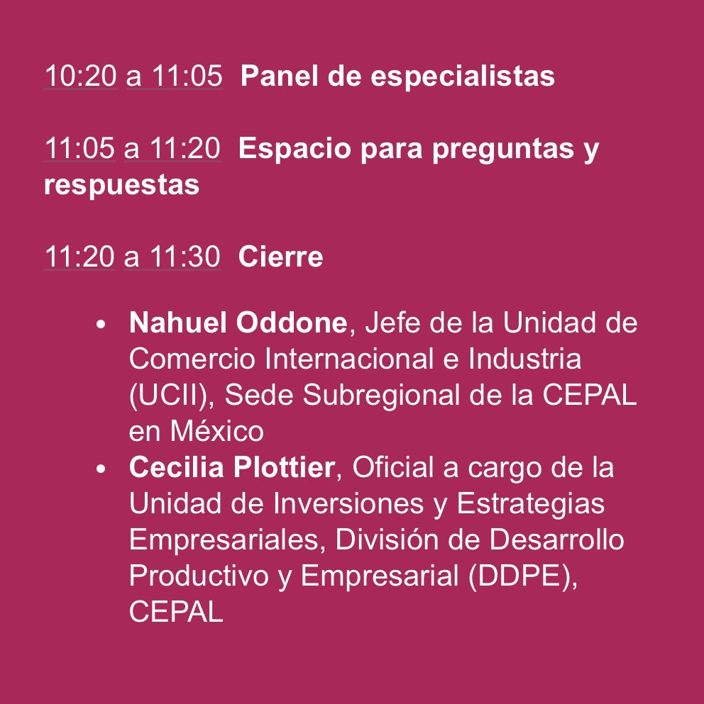 📌#Webinar: “La Inversión extranjera Directa en América Latina y el Caribe 2024: México en foco” <a href="/cepal_onu/">CEPAL</a> 

Jueves 05/12 - 10 AM

Participan:
<a href="/vidallerenas/">vidal llerenas</a>
<a href="/mdelprete/">Marco Del Prete</a>
<a href="/SusanaDuqueR/">Susana Duque</a>
<a href="/JMMartinezPiva/">Jorge Mario Martínez Piva</a>

La #IED en #México analizada por #CEPAL, <a href="/SE_mx/">Economía México</a>, <a href="/amsdemex/">AMSDE</a> y <a href="/ComceOficial/">COMCE</a>