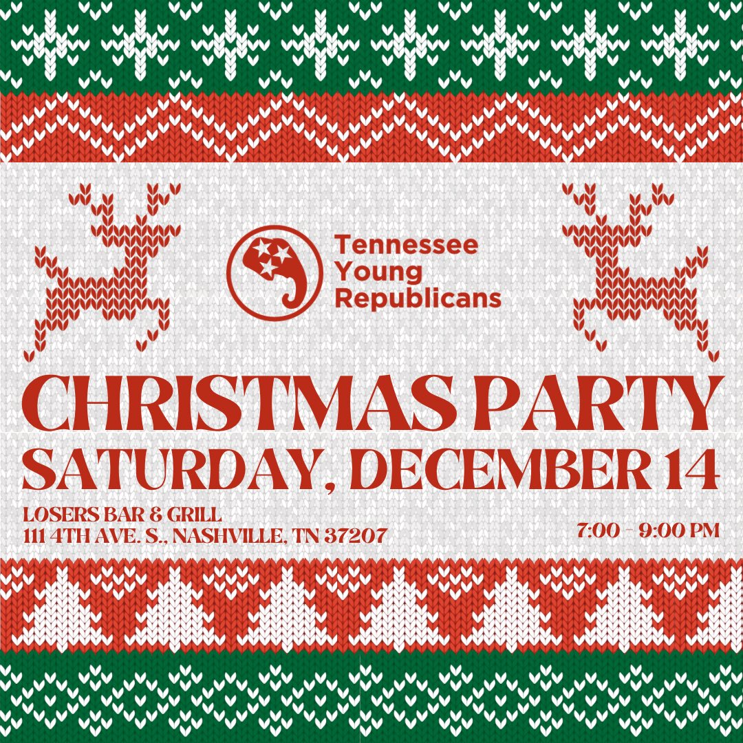 Tis the season to celebrate! 🎄🌟

Get ready to spread holiday cheer at the Tennessee Young Republicans Christmas Party! Join us on Saturday, December 14, from 7:00 to 9:00 PM at Losers Bar &amp; Grill for a night of festive vibes, good drinks, and great company.