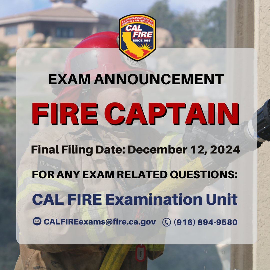 CALFIRE_Careers's tweet photo. @CAL_FIRE is currently accepting applications for the Fire Captain Examination! 🚨

Click the link to check if you meet the minimum requirements and apply now: https://t.co/Hgy3dy2in8
Don’t wait—the examination application period closes on December 12, 2024!
 
#CALFIREcareers https://t.co/BapXJGvsx4