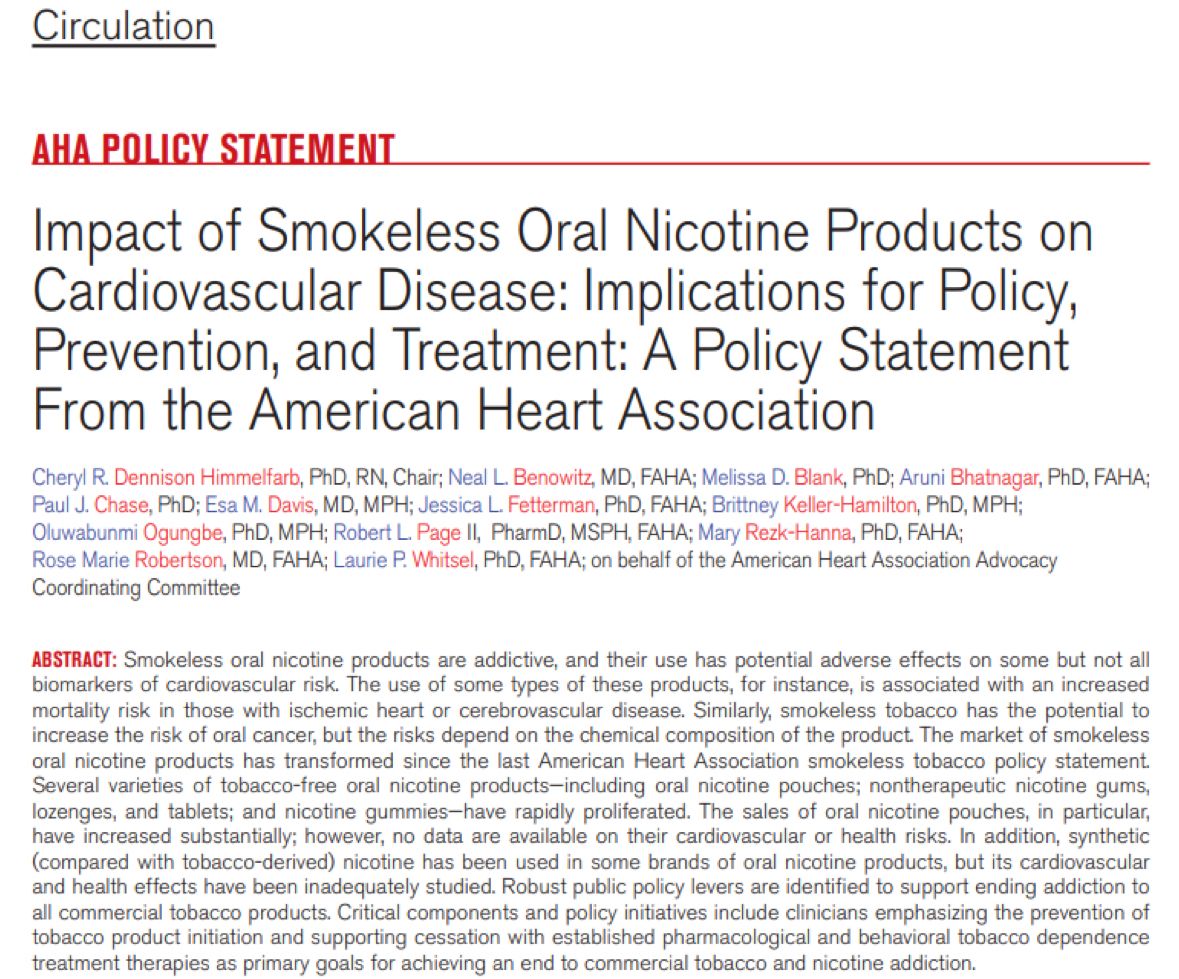 hvanspall's tweet image. Tobacco generates revenue and kills 

This #AHA policy statement reviews rates of use and health effects of #smokeless #tobacco &amp;amp; #nicotine products and #publichealth / #policy approaches to ending tobacco and nicotine addiction.

buff.ly/3ZD7ON2