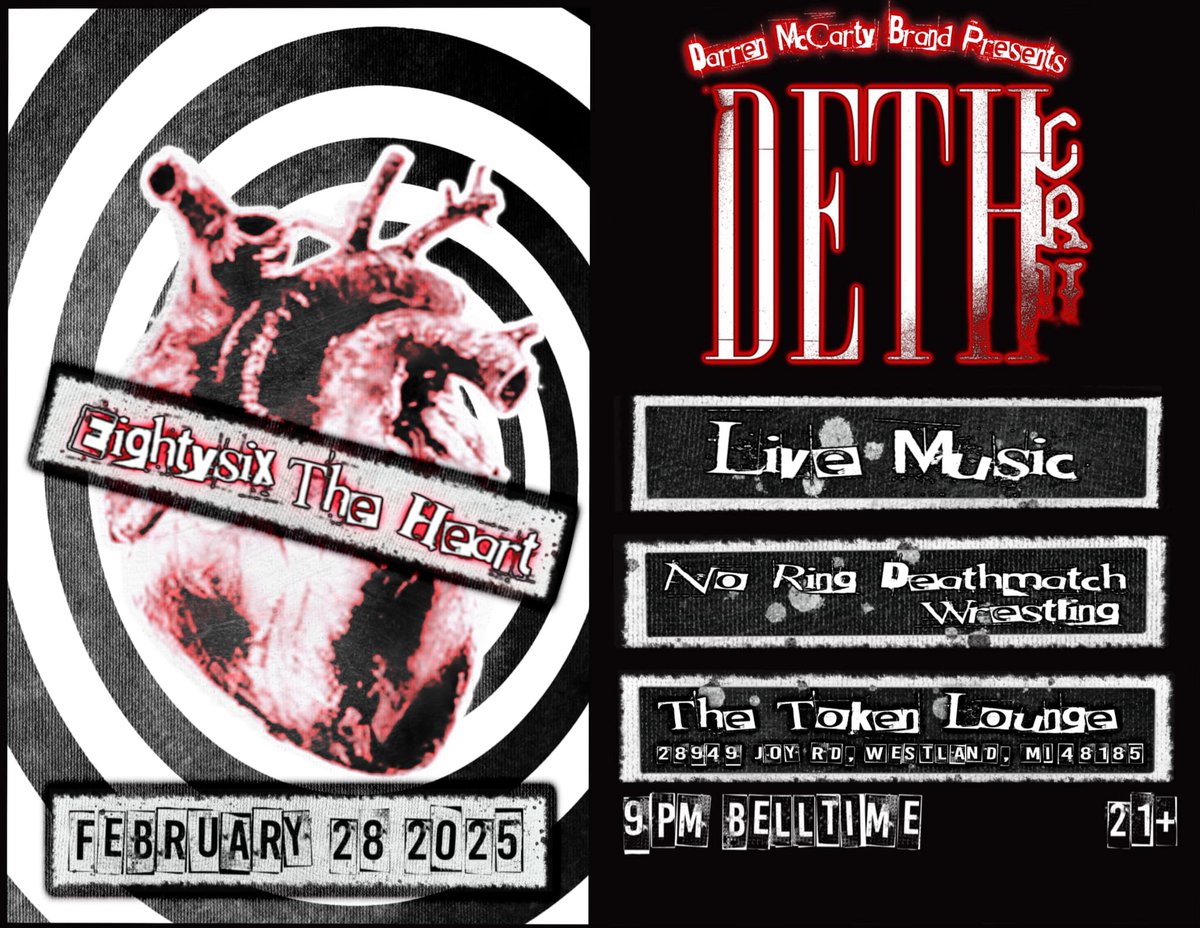 Show Announcement

DETH CRÜ is back and this time we’re heading to Detroit rock city with 

Eighty Six The Heart 

February 28, 2025
 
The Token Lounge

tickets on sale now 

ticketbud.com/events/88ce78b…