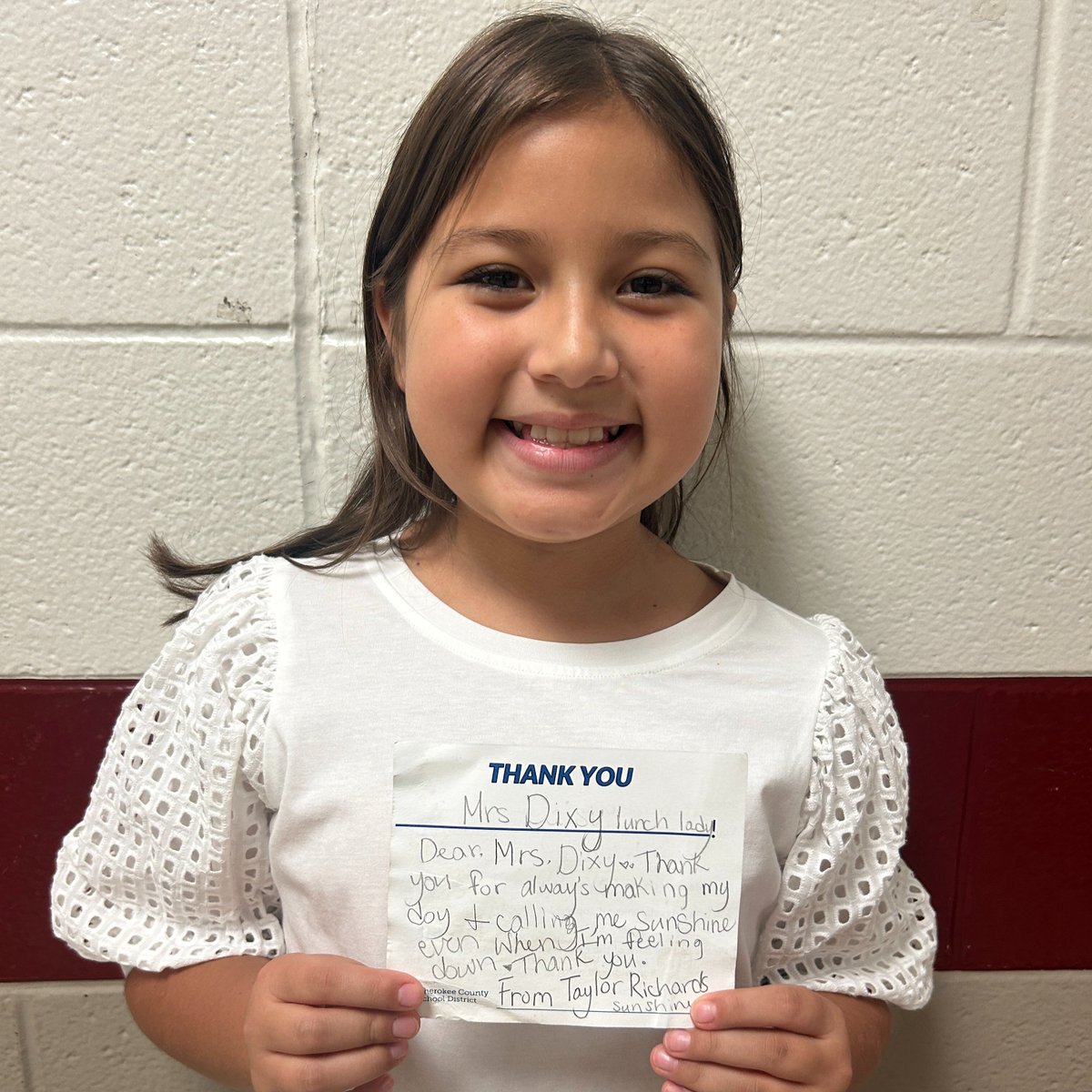 CherokeeSchools's tweet photo. As part of #thanksCCSD, one honoree is randomly selected monthly to receive a gift bag & $25 Visa card from Credit Union of Georgia.  This month’s winner was R.M. Moore ES STEM Academy School Nutrition worker Dixie Byers, who was thanked by Taylor Richards. #thanksCCSD #CCSDElevateTheExcellence