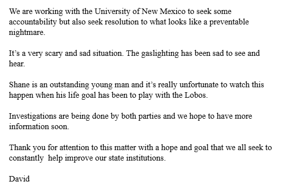 Attorney David Adams has released this statement, publicly identifying his client as Shane Douma-Sanchez.

Douma-Sanchez played basketball for Del Norte High School in ABQ before joining the Lobos. 
 
<a href="/KOB4/">KOB 4</a>