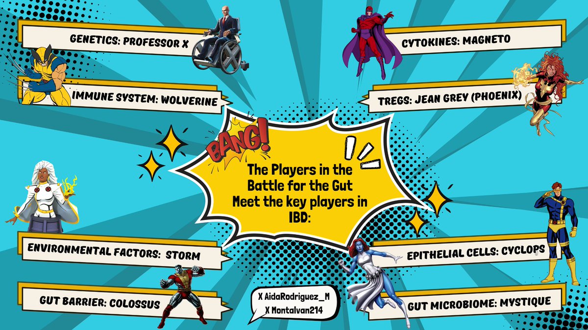 Montalvan214's tweet image. 1/12: Welcome to X-IBD 🏫
🧵 by @AidaRodriguez_M and @Montalvan214 
The body is like Xavier&apos;s peaceful mansion, where the students (cells) live harmoniously.
👾The gut microbiota resemble humans—complex yet usually peaceful.
💥 Sometimes, chaos strikes! 
#CCAwarenessWeek