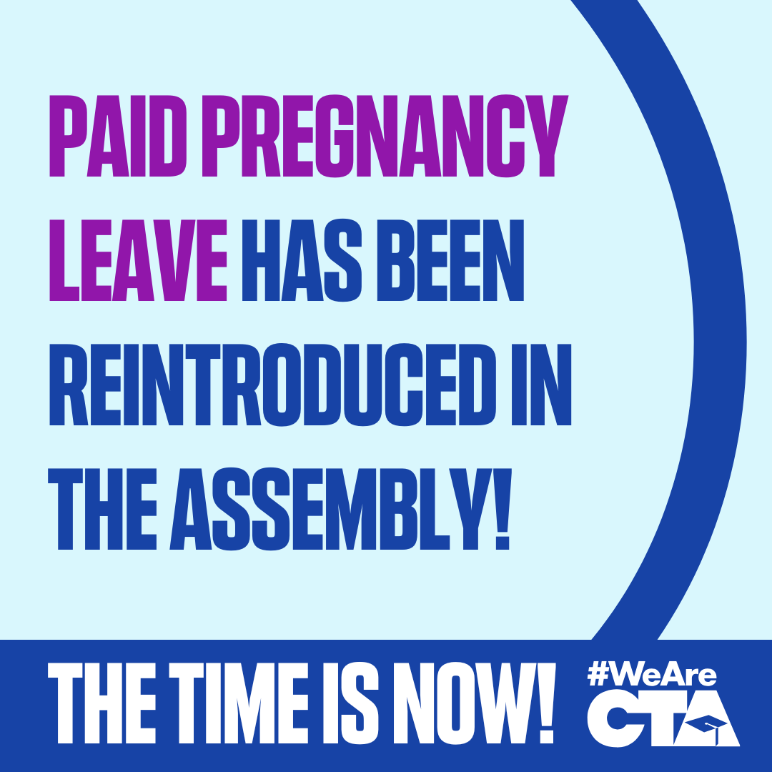 WeAreCTA's tweet photo. Our fight for paid pregnancy leave for educators continues! #AB65 (@AsmAguiarCurry) would provide educators with 14 weeks of fully paid pregnancy leave and end a status quo that disproportionately discriminates against women. #PregnancyLeaveNow #WeAreCTA https://t.co/oy0NXbGCAH