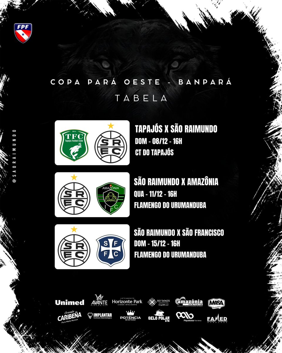 saoraimundo's tweet image. Fala, torcedor alvinegro! A tabela da Copa Pará Oeste já está disponível, então marque na agenda e prepare-se para apoiar o nosso Pantera! Vamos juntos, com garra e coração, impulsionar nossa equipe rumo à vitória! 🖤🤍 

#SãoRaimundo #Pantera #CopaParáOeste #Banpará