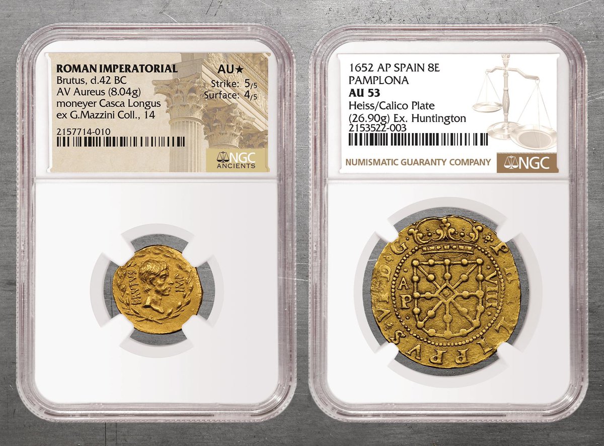 NGCcoin's tweet photo. This rare Gold Aureus struck for the treacherous Brutus has a starting price of about $850,000 in a Numismatica Genevensis SA auction this month. It is graded NGC Ancients AU★, 5/5 Strike and 4/5 Surface. Learn more about this incredible coin at https://t.co/QFvSMFVzmA https://t.co/tQNraU32pP