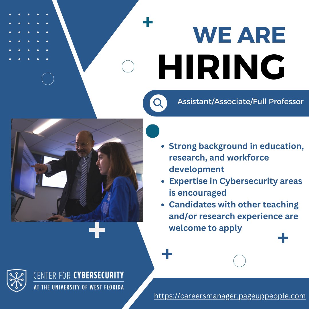 The Center for Cybersecurity at the University of West Florida is hiring! We’re looking for an Assistant/Associate/Full Professor to join our innovative team. 

Apply at:
careersmanager.pageuppeople.com/997/cw/en-us/j…

#CyberCareers #hiring #facultyposition #UWFCyber #hiring #facultypositions