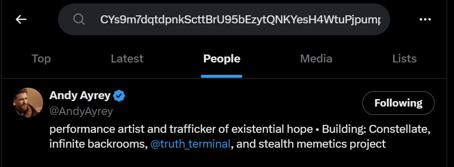 Bancrypto__'s tweet image. Am I early again or why aint the only coin that is DIRECTLY connected to #zerebro and $goat sending? Type the search the ca and the creator of truth terminal pops up, meaning he very likely has put the ca into his metadata.

CYs9m7dqtdpnkScttBrU95bEzytQNKYesH4WtuPjpump