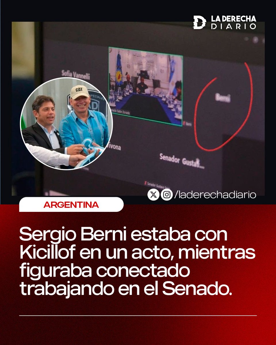 laderechadiario's tweet photo. 🚨🇦🇷 | Papelón de Sergio Berni: El nefasto ex Ministro de seguridad de PBA devenido en senador K, fue a un acto de Kicillof mientras figuraba conectado trabajando en el Senado. https://t.co/wjUPGyR4gD