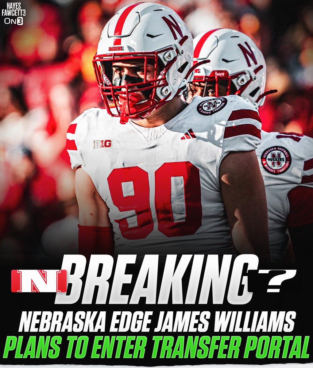 BREAKING: Nebraska EDGE James Williams plans to enter the Transfer Portal, he tells @on3sports

The 6’6 250 DL totaled 18 Tackles, 7 Sacks, &amp; 7.5 TFL through 16 games at Nebraska 

Will have 2 years of eligibility remaining 

on3.com/db/james-willi…
