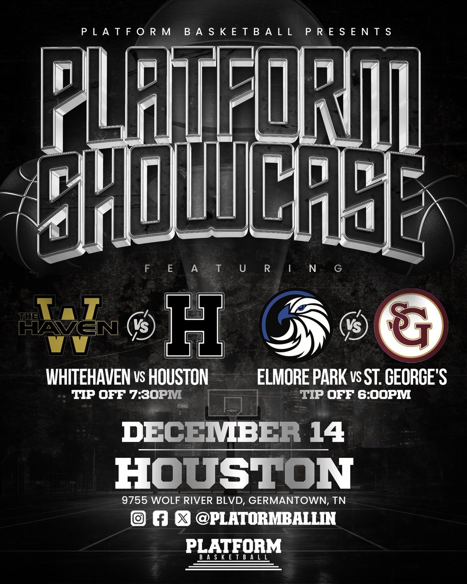 December 14th, four of the top area teams, in high school and middle school basketball, will face off in the inaugural Platform Showcase! At 6pm, it's Elmore Park vs St. George's in the MS game. At 7:30pm, for the HS game, it's Houston vs Whitehaven. Location,  Houston HS.