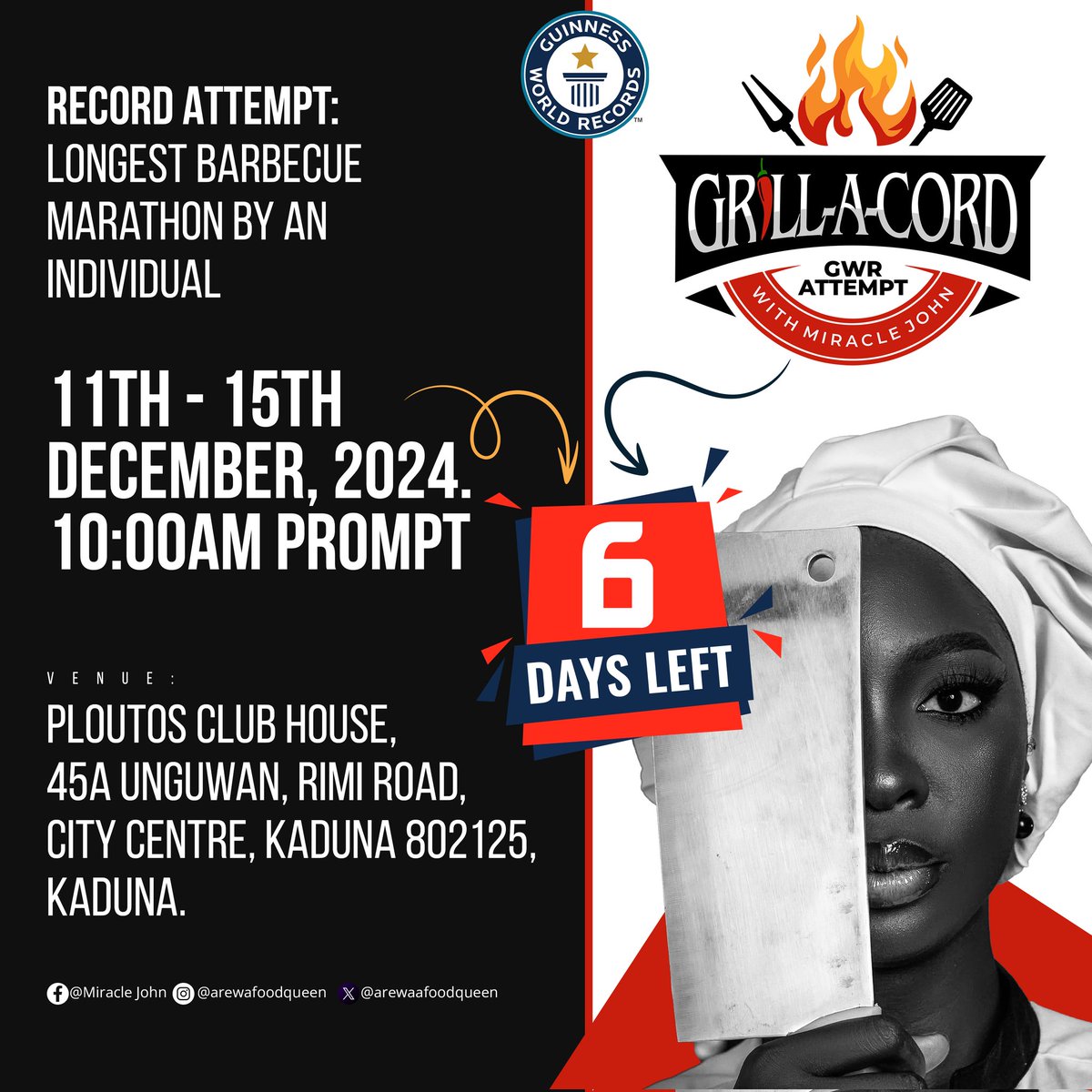 arewaafoodqueen's tweet photo. 6 days!
Butterflies in my belly 🥰
God did!
#grillingwithsarauta #sarautaarewamina #GrillACord #LongestBarbecueMarathon #maisuya #nigeria #Kaduna #GuinnessWorldRecord #minaskichen https://t.co/4myxip4L8T