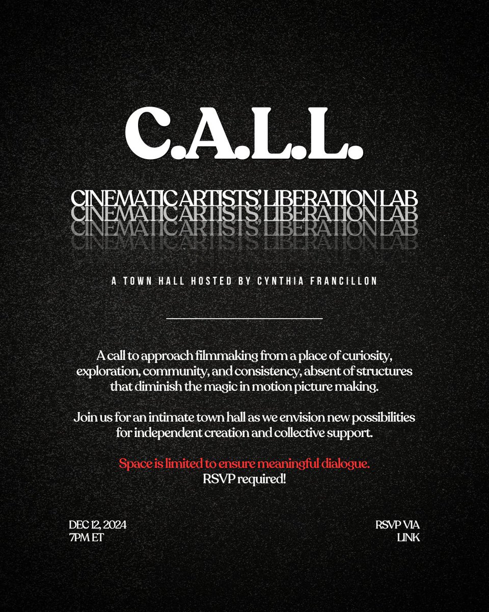 Friends —

I'm hosting a filmmakers' town hall on Zoom next Thursday at 7pm ET to discuss community-based approaches to filmmaking as it's meant to be, where money &amp; distribution don't have to get in the way.

CALL: Cinematic Artists' Liberation Lab

RSVP: forms.gle/vDCaYgdLMitqX7…