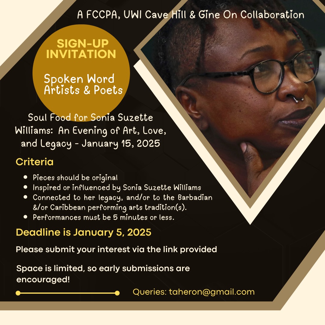 Calling all creatives in Barbados 🇧🇧!
forms.gle/NpJjUimoBJcCpN…   Call for Featured Artists; forms.gle/yDppYcwSmxTfiw… Invitation sign-up for poets/spoken word artists.