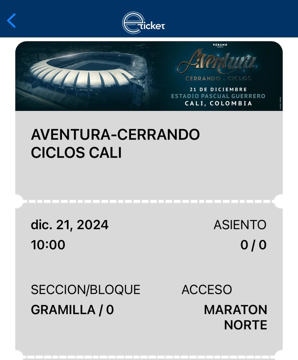 Vendo una boleta de Gramilla en Etapa l para el concierto de Aventura el 21 de Diciembre en Cali. 

Por favor me ayudas con un RT para que llegue a la persona que quiera comprarla. 👀👀