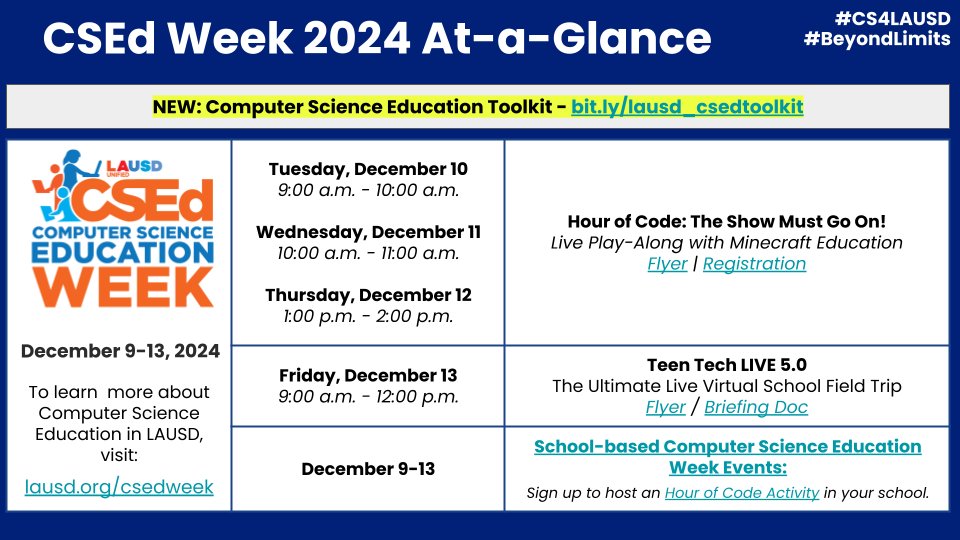 Instructional Technology Initiative (@iti_lausd) on Twitter photo Are you ready for CSEd Week 2024, <a href="/LASchools/">Los Angeles Unified</a>?
Find activities and resources to celebrate computer science with your school! #CS4LAUSD
Learn more: lausd.org/csedweek Are you ready for CSEd Week 2024, <a href="/LASchools/">Los Angeles Unified</a>?
Find activities and resources to celebrate computer science with your school! #CS4LAUSD
Learn more: lausd.org/csedweek