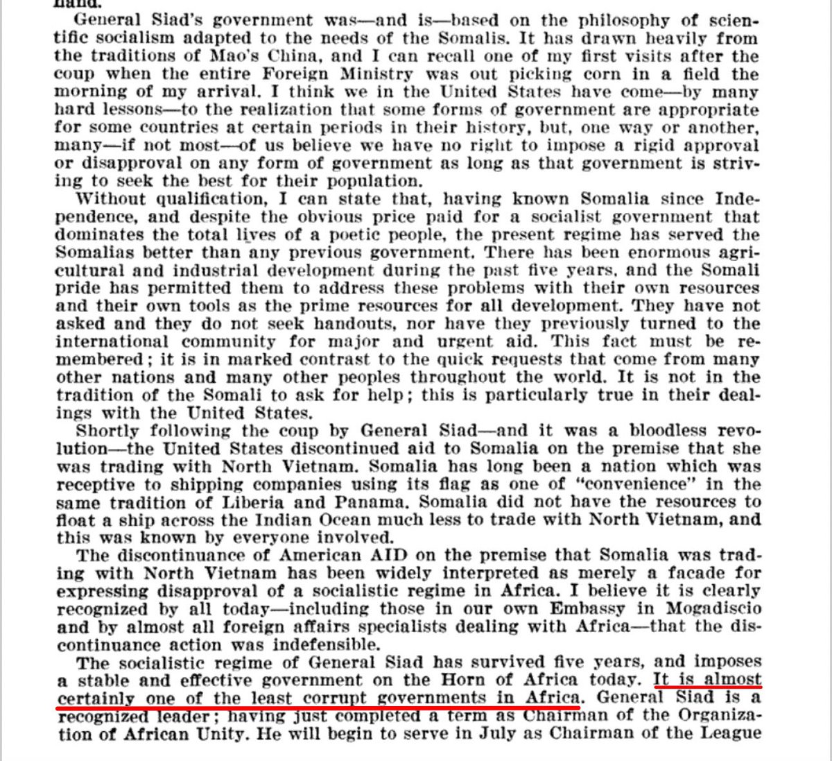 LtKhalifa's tweet image. A 1975 investigative report by the United States on the Somali Democratic Republic identified Somalia as one of the least corrupt nations in Africa.

“The socialistic regime of General Siad has survived five years, and imposes a stable and effective government on the Horn of…
