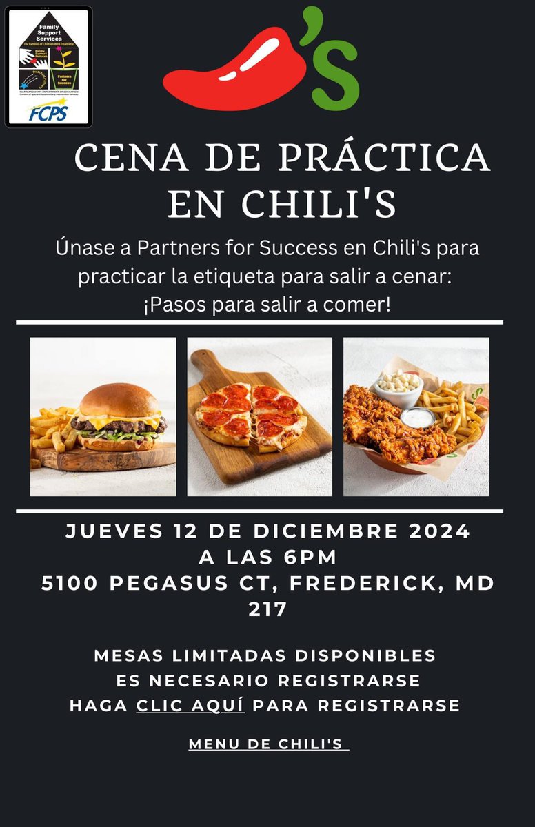 Join Partners for Success with a Chili’s Practice dinner on December 12th @ 6:00pm. Sign up and have a fun family dinner night! This is an opportunity to practice going out to eat with sensory friendly accomodations. 

Click here to sign up docs.google.com/forms/d/e/1FAI…