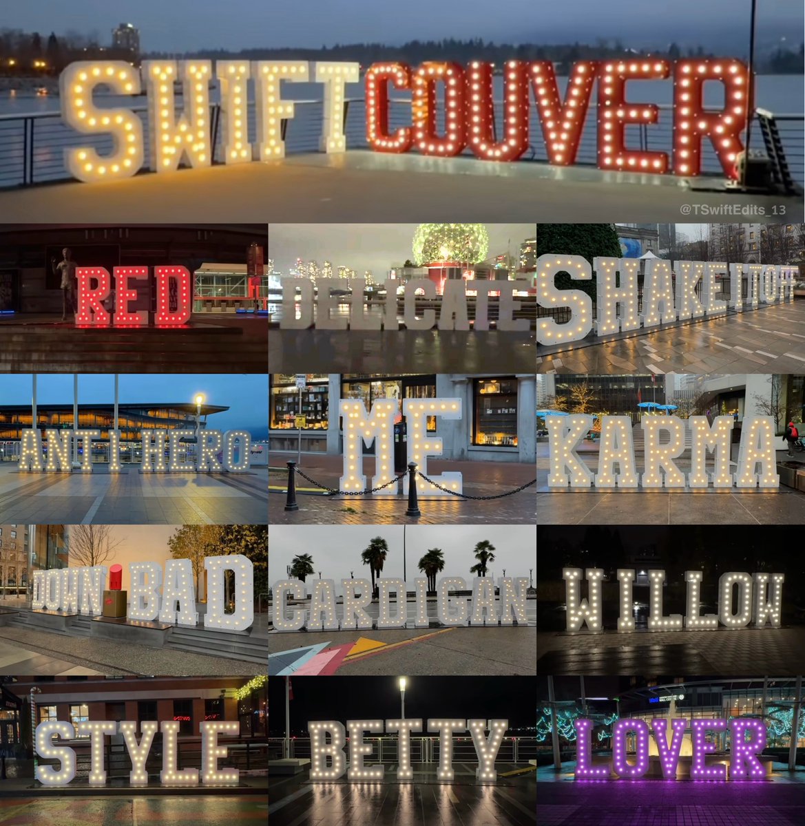 ‼️13 Taylor Swift song-themed signs were spotted in Vancouver ahead of the final stop of The Eras Tour this week #VancouverTSTheErasTour