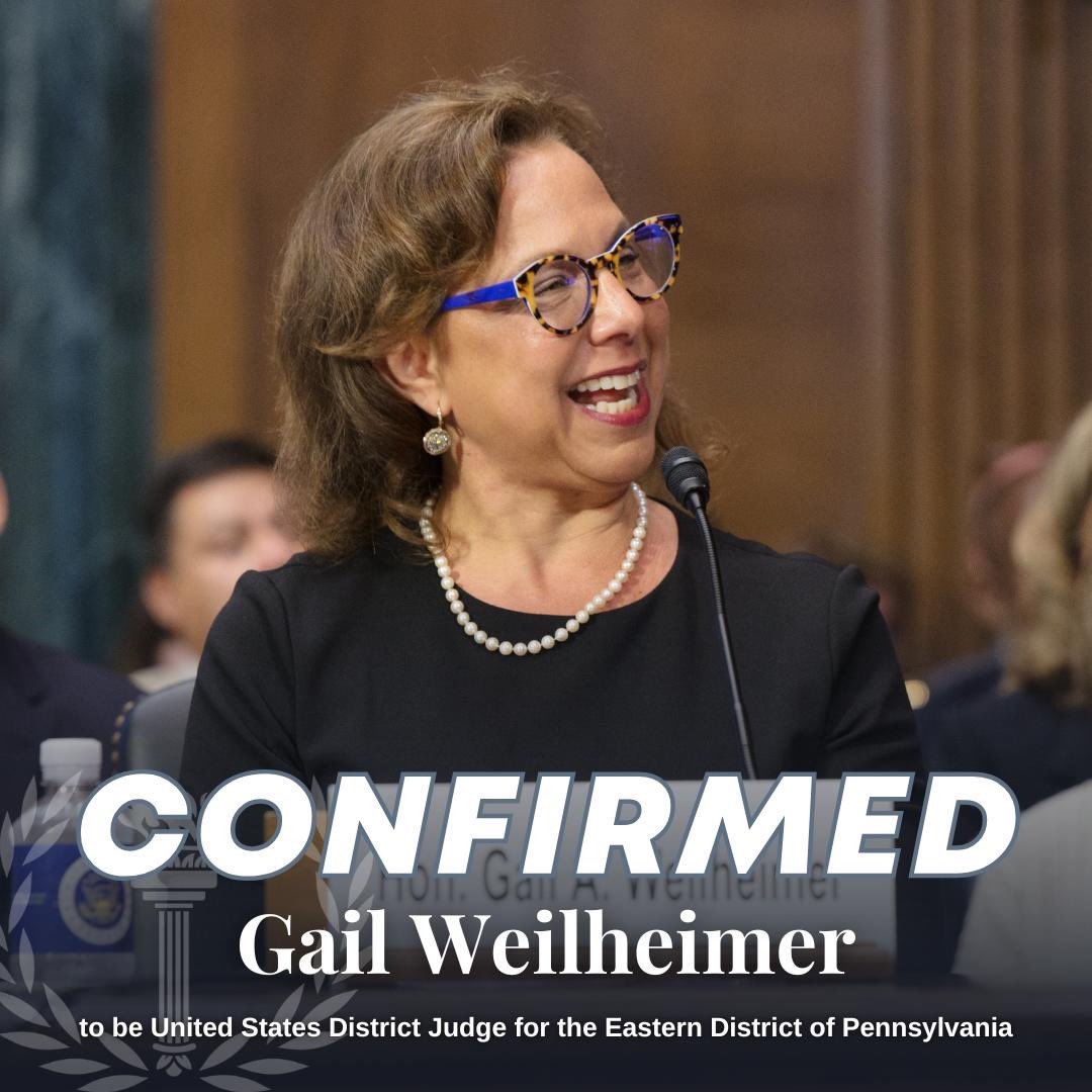 DisavowTrump20's tweet photo. 🚨NEW: The U.S. Senate has confirmed Gail Weilheimer to serve as a Federal U.S. District Court Judge for Eastern Pennsylvania, marking President Biden’s 226th judicial appointment.

RETWEET to congratulate Judge Weilheimer! https://t.co/XStBhb36fP