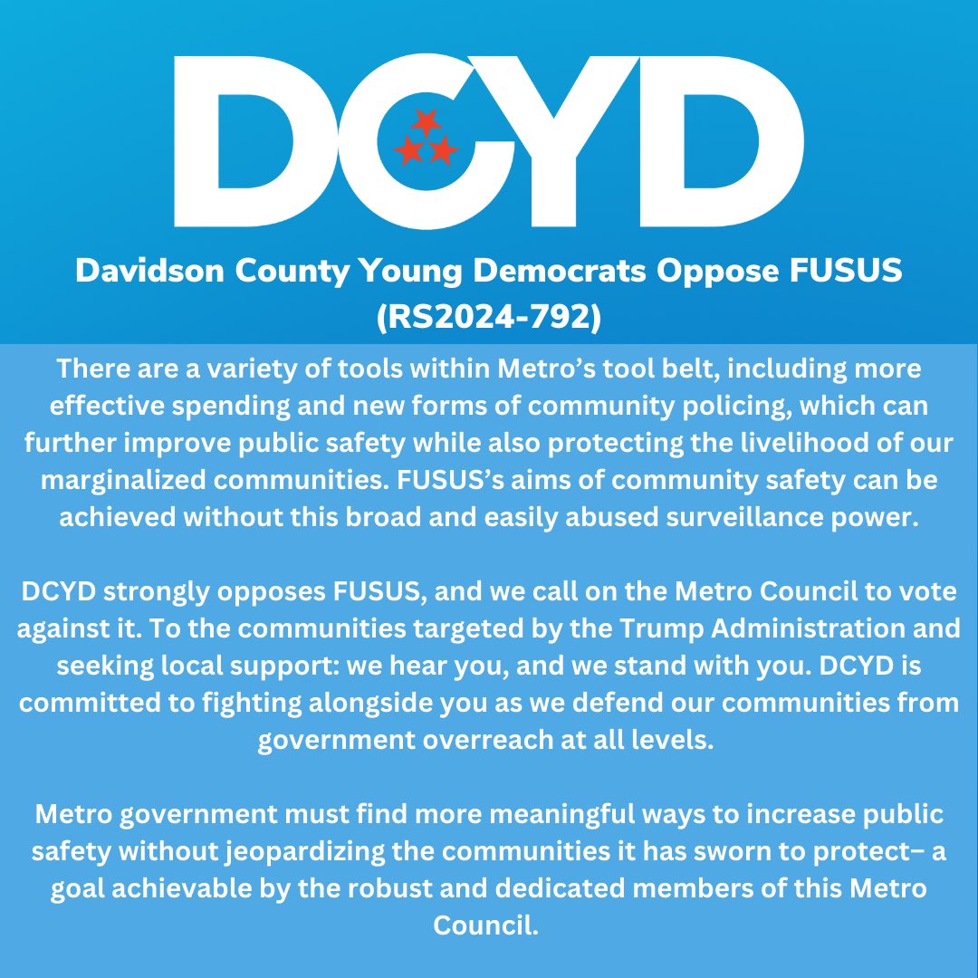 DCYDTN's tweet photo. Re FUSUS, the surveillance bill up tonight. We stand with our communities and against government overreach.
#Nashville #fusus #metrocouncil https://t.co/ksFAWF6uoW