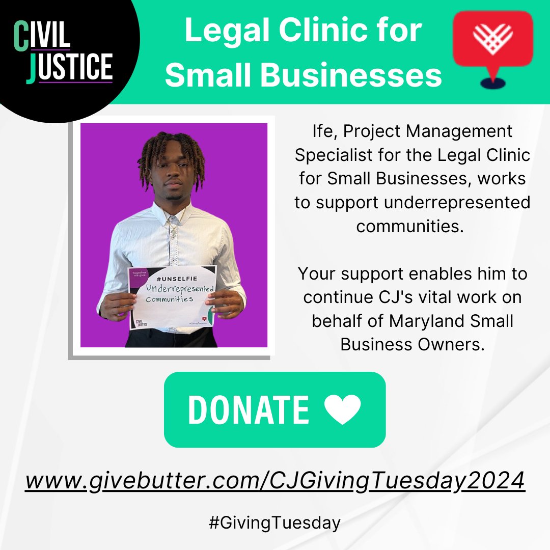 CivilJusticeInc's tweet photo. The #LegalClinic for #SmallBusinesses connects Maryland business owners with attorneys for FREE, one-on-one sessions. Attorneys answer business owners' questions and provide legal advice to give their businesses a solid legal foundation.

#CivilJustice #Unselfie #GivingTuesday https://t.co/xEkaInuUxi