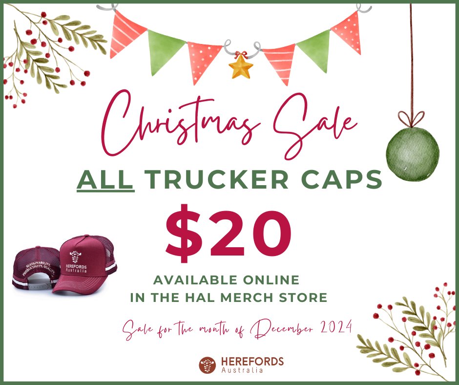 📣Sale time! Looking for a great gift idea for that person that is impossible to buy for this Christmas? All HAL Trucker Caps are reduced to $20 each for the month of December. Head over to the online store to place your order: herefordsaustralia.com.au/online-store/