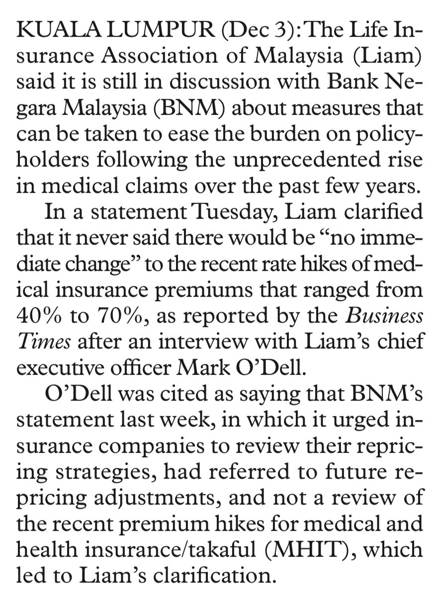 Toothless <a href="/BNM_official/">Bank Negara Malaysia</a>, at the expenses of the tax payer, to the profit of the insurers, and the benefit of the private hospitals. So blatant a statement by the CEO, totally ignoring the complaints against the current hikes..
