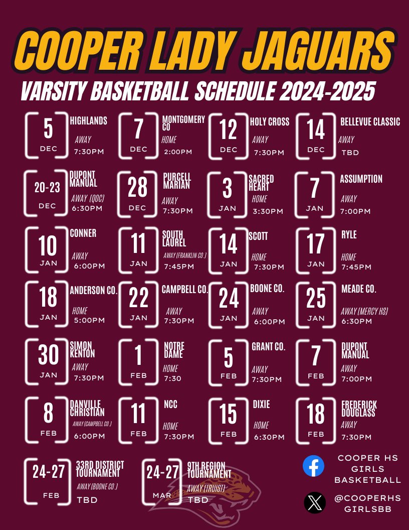 2024-2025 Lady Jaguars Basketball Schedule!!!

Come check out the Lady Jaguars as they open their season this week on the road vs Highlands on Thursday and at home on Saturday vs Montgomery Co. Go JAGS!!

#WEoverME