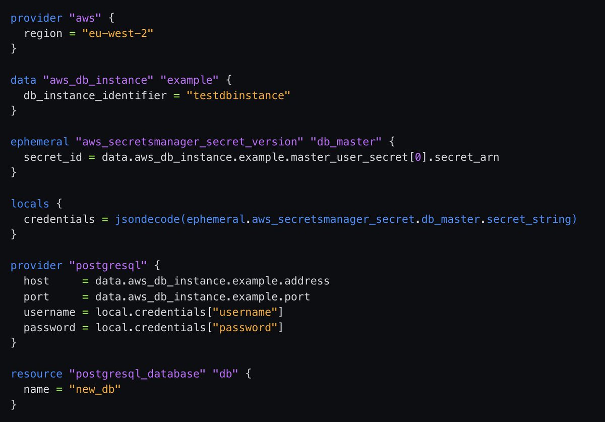 HashiCorp's tweet image. Manage #AWS secrets securely with HashiCorp #Terraform 1.10 🌟
The latest release introduces ephemeral values, ensuring sensitive data like Secrets Manager values are never stored in state or plan files. Explore this and other updates: bit.ly/3Zom8sK