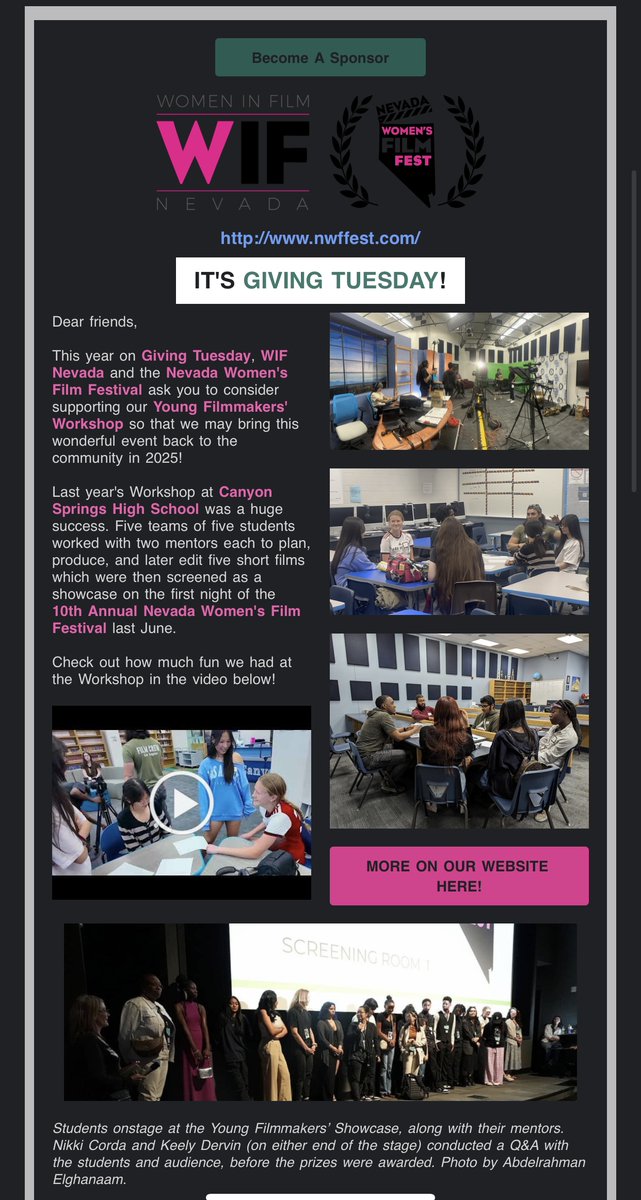 nwffest's tweet image. Dear friends,

This year on Giving Tuesday, WIF Nevada and the Nevada Women's Film Festival ask you to consider supporting our Young Filmmakers' Workshop so that we may bring this wonderful event back to the community in 2025!

Click nwffest.com to become a sponsor:)