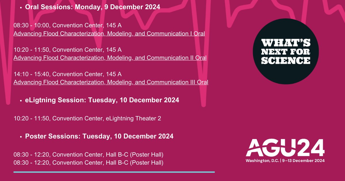 Are you passionate about cutting-edge research on flooding? Join us at #AGU24 for six exciting sessions: three oral presentations, two posters, and one eLightning. We look forward to connecting with you on Monday and Tuesday. Check out the flyer below for session details!