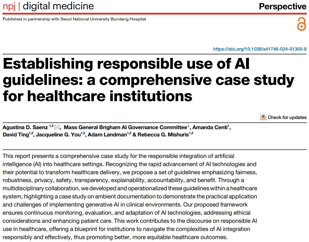 Clinical Informatics | Mass General Brigham (@massgenbrigci) on Twitter photo 🔥 Important discussion and recommendations on the responsible use of AI in healthcare by the <a href="/MassGenBrigham/">Mass General Brigham</a> AI Governance Committee, including Clinical Informatics fellows, alumni, and faculty nature.com/articles/s4174… 🔥 Important discussion and recommendations on the responsible use of AI in healthcare by the <a href="/MassGenBrigham/">Mass General Brigham</a> AI Governance Committee, including Clinical Informatics fellows, alumni, and faculty nature.com/articles/s4174…