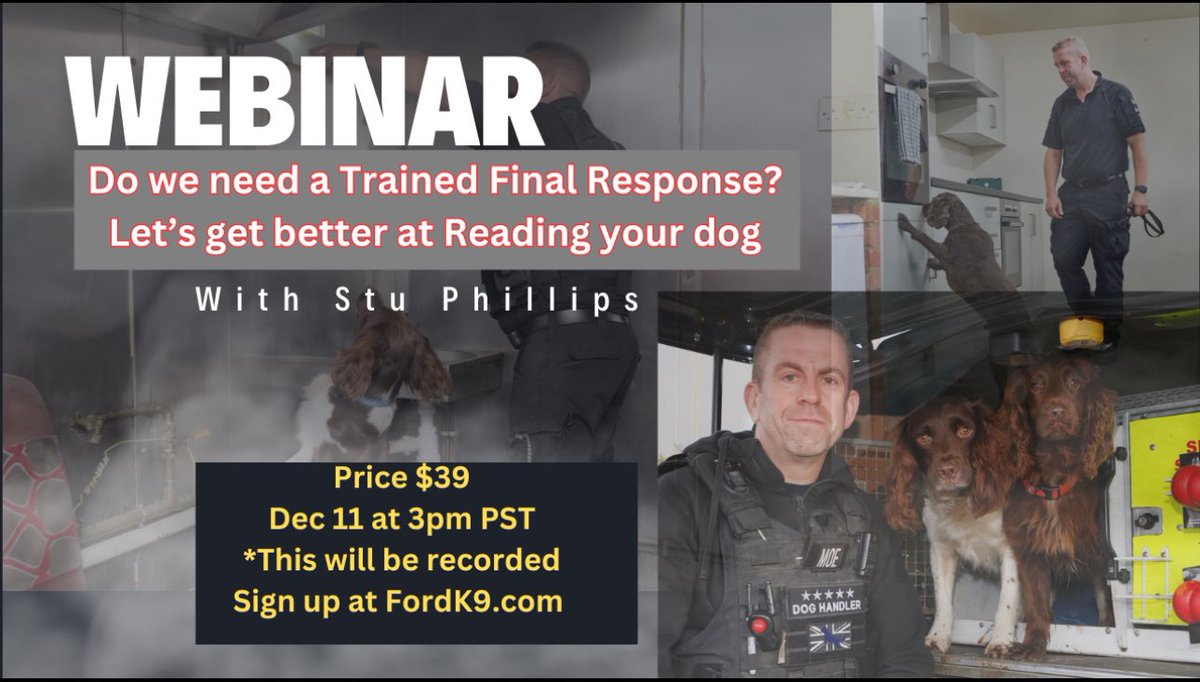 BWYK9's tweet image. Let’s Get Better At Reading Our Dogs – Live Webinar with Stu Phillips, 11th December at 11pm UK time. 
Link: fordk9.com/product/lets-g…