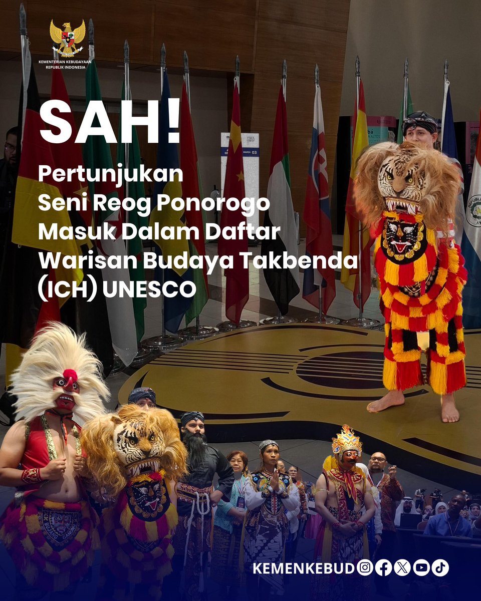 kemenbud's tweet photo. Pada sidang sesi ke-19 yang dilaksanakan di Paraguay (3/12), UNESCO menginskripsi Pertunjukan Seni Reog Ponorogo (Reog Ponorogo Performing Art) sebagai Daftar Warisan Budaya status Butuh Pelindungan Mendesak (List of Intangible Cultural Heritage in Need of Urgent Safeguarding). https://t.co/LkJfAnkZCP