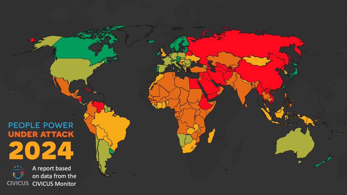 🚀 New #PeoplePower2024 report shows right to protest under threat worldwide.

In 2024, 76 countries detained protesters, the most common of 50+ violations tracked.

See country ratings &amp; data on top violations 🔴🟡🟢: web.civicus.org/PeoplePower2024