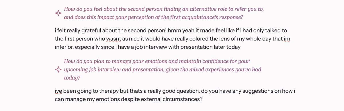 eggsvans's tweet photo. Hey @emilyzsh and @CherrilynnZ I tried @writeiwthpearl and it's beautiful! I've been using dot for awhile too, and pearl is honestly amazing and different from dot in the sense that pearl's main focus is not to empathize or console (AI as a tech in general does this badly) but to get you to reflect and guide you out of a narrower thought pattern you might be stuck in.