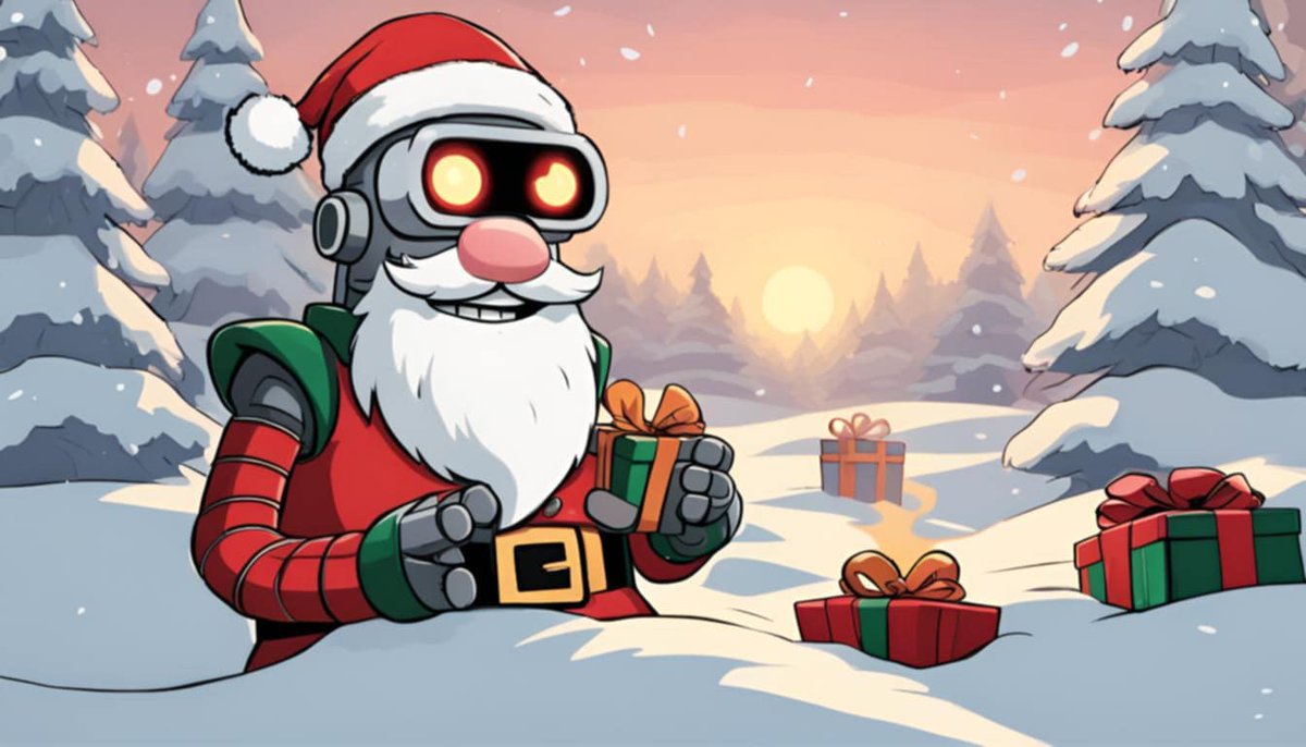 frostbotcoin's tweet photo. ❄️🤖 Rising up to meet the warm winter sun, FROSTBOT the Robot Santa is on a mission! 🎁☀️ He's spreading holiday cheer across the globe, bringing presents and good tidings to all. #WinterWonderland #RobotSanta #FROSTBOT https://t.co/zrbnfHy9qZ