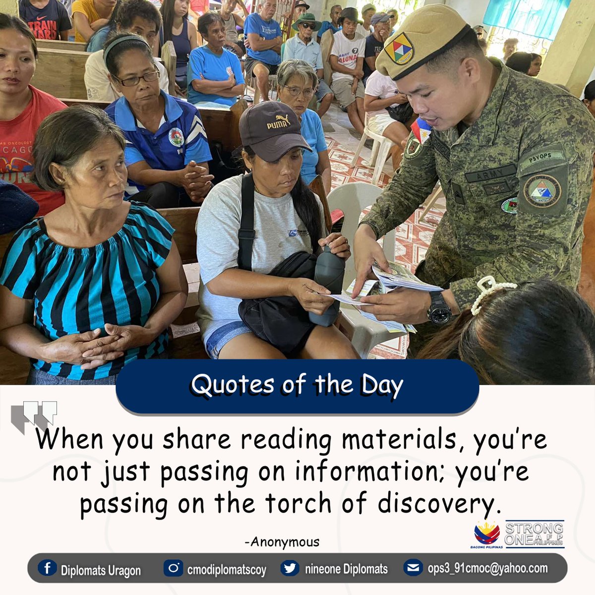 Nine1Diplomats's tweet photo. QUOTES OF THE DAY|| "When you share reading materials, you're not just passing on information; you're passing on the torch of discovery." -Anonymous
#AFPyoucanTRUST
#PhilippineArmy
#StrongUnitedReliable
#KaagapayNgMgaBikolano https://t.co/7wZp3XEIOp