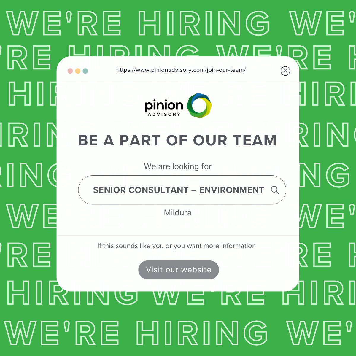 Are you passionate about working with people and primary industries to identify and achieve environmental excellence? Well, this might just be the job for you!

We are looking for a Senior Consultant – Environment. To find out more, visit pinionadvisory.com/join-our-team/