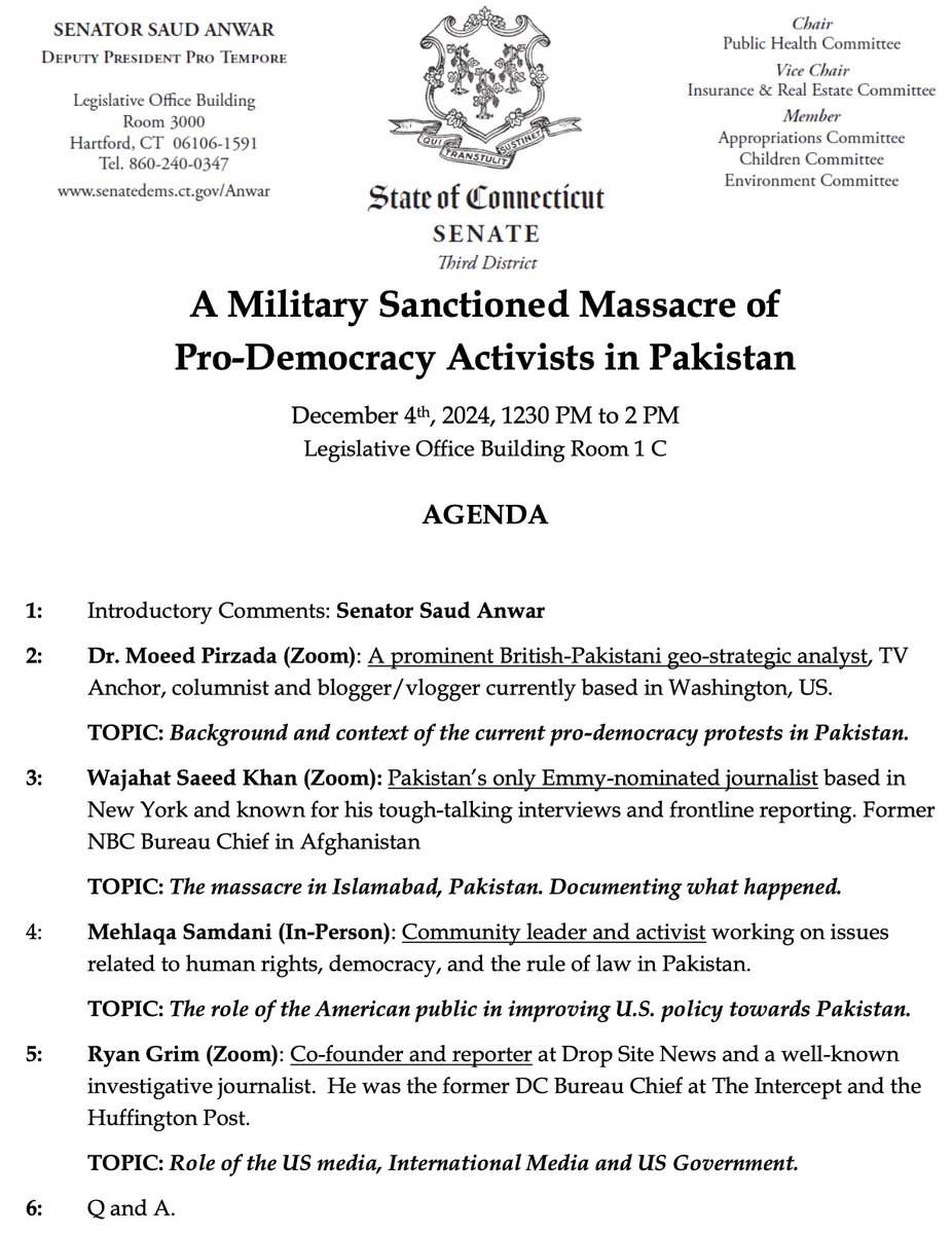 Mehlaqa Samdani (@mehlaqacapj) on Twitter photo Wednesday, December 4th, 12:30-2pm: an informational hearing on the Islamabad massacre at the CT State Legislature organized by State Sen <a href="/SaudAnwarCT/">Dr. Saud Anwar</a> - it will be live-streamed on CTN (ct-n.com/default.asp) as well as on <a href="/WajSKhan/">Wajahat S. Khan</a> social media platforms. Wednesday, December 4th, 12:30-2pm: an informational hearing on the Islamabad massacre at the CT State Legislature organized by State Sen <a href="/SaudAnwarCT/">Dr. Saud Anwar</a> - it will be live-streamed on CTN (ct-n.com/default.asp) as well as on <a href="/WajSKhan/">Wajahat S. Khan</a> social media platforms.