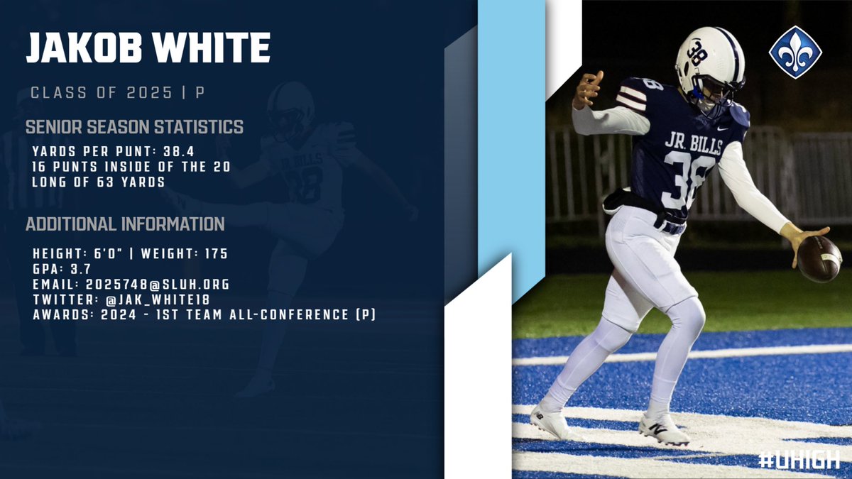 SLUH Football (@sluhfootball) on Twitter photo <a href="/_JohnKruse/">John Kruse</a> <a href="/314_matthew/">Matthew Moore</a> Jakob White (<a href="/Jak_White18/">Jakob White</a>)
Punter
Class of 2025
HUDL: hudl.com/v/2QsZXQ <a href="/_JohnKruse/">John Kruse</a> <a href="/314_matthew/">Matthew Moore</a> Jakob White (<a href="/Jak_White18/">Jakob White</a>)
Punter
Class of 2025
HUDL: hudl.com/v/2QsZXQ