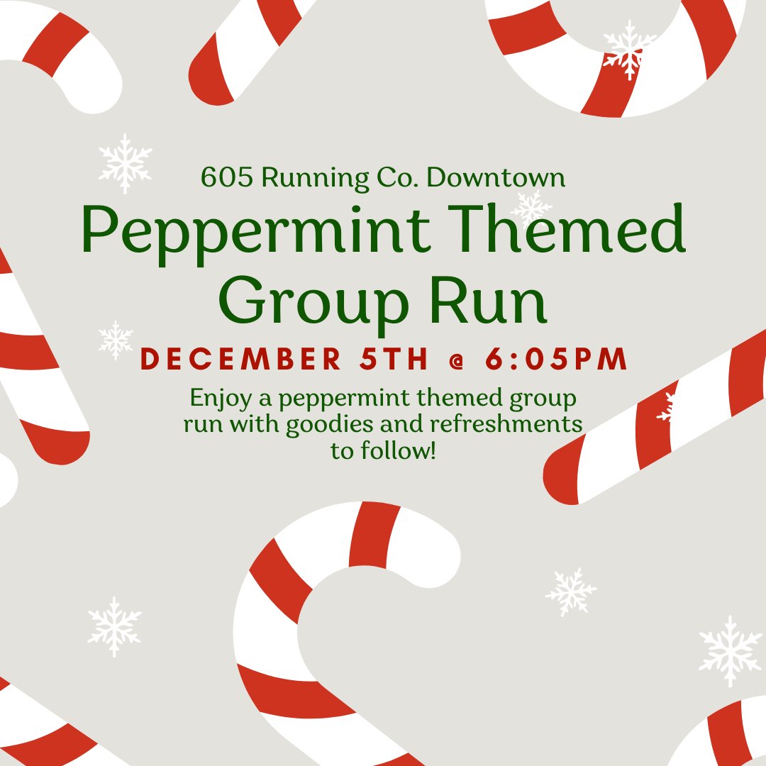 Run605's tweet image. Join us this December for the first of our Thursday Night Themed Group Runs!⁠
This week is the Peppermint group run. Dress up in your red and white holiday attire, run to the Falls Park lights, and enjoy candy canes and hot cocoa to follow.

#run605 #dtsf