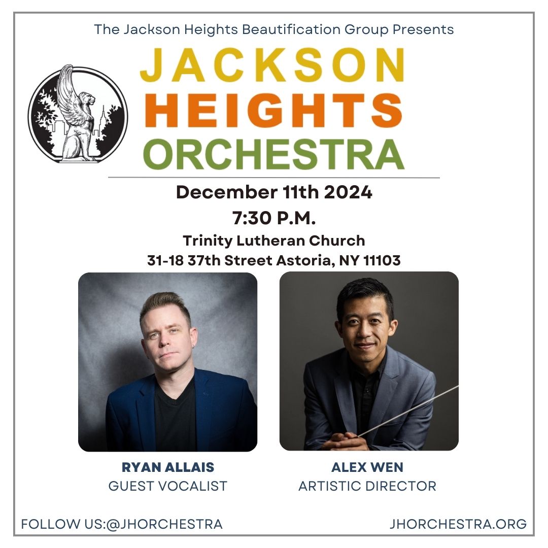 Mark your calendars for the next
<a href="/JHBGNY/">JHBG</a> Jackson Heights Orchestra concert at 7:30pm on Wednesday, December 11th, 2024 at <a href="/trinitylic/">TrinityLIC</a> (31-18 37th Street, Astoria, NY 11103) led by Artistic Director <a href="/alexwn/">Alex</a>.