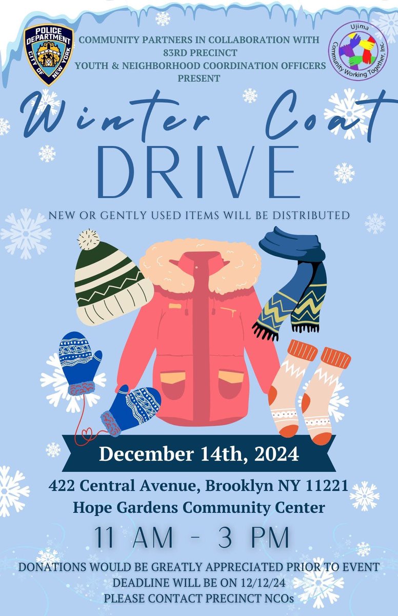 Winter Coat Drive 🧥12/14/24 @ 422 Central Ave! New or Gently used coats will be distributed at the Hope Gardens Community Center in Bushwick. 11am until 3pm!