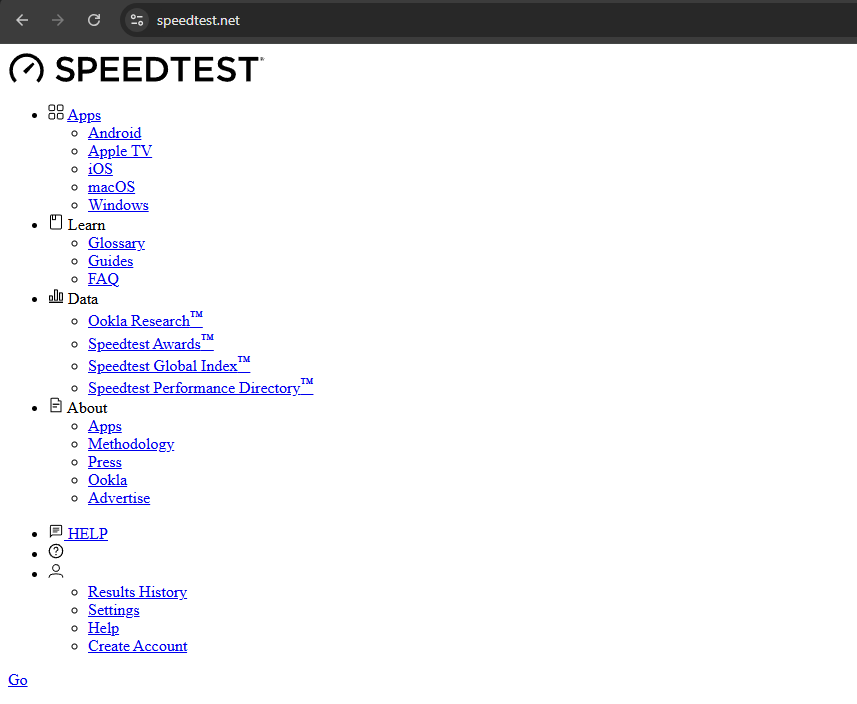 speedtest.net but the css failed to load so it is just blue text on a white background with a default font