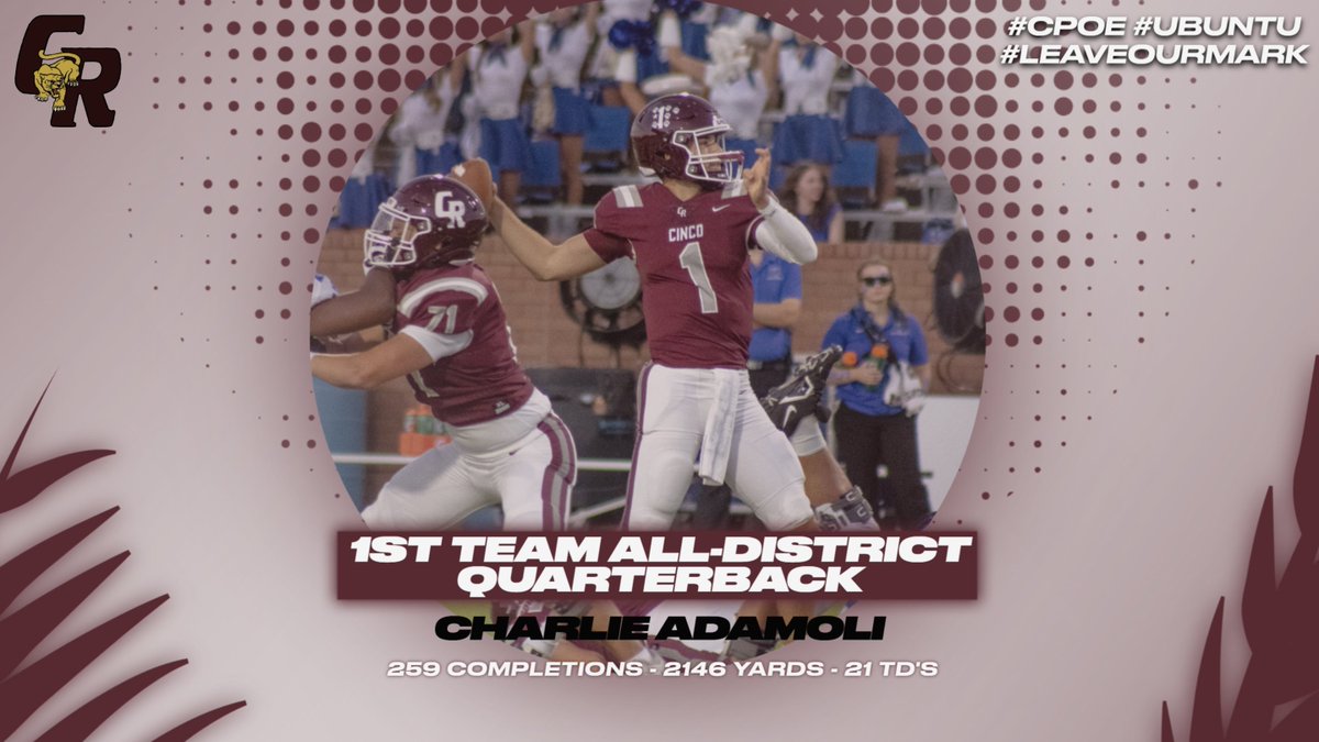 cincofb's tweet photo. Please congratulate our All-District 19-6A selection @CharlieAdamoli ! #CPOE #Ubuntu #LEAVEOURMARK #txhsfb https://t.co/BQR68pJLOj