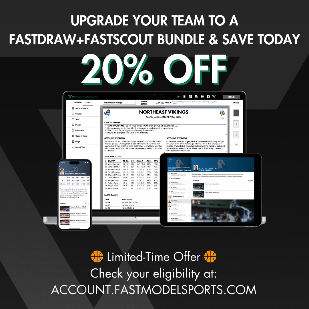 FastModel's tweet image. Why not work with the best tools in the game? 🧰

FastDraw users can upgrade to the Draw+Scout Bundle and save 20%!

Check out account.fastmodelsports.com for options and pricing.

#ChampionsUseFastModel
