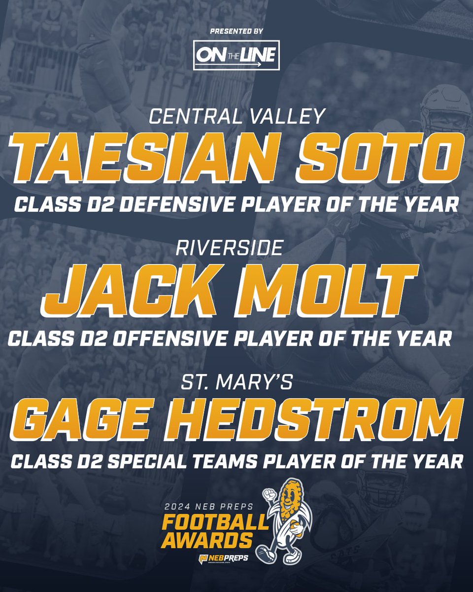 nebpreps (@thenebpreps) on Twitter photo Your NebPreps Award winners from class D2 presented by <a href="/OTLathletics/">On The Line Athletics</a>!
• <a href="/taejs_11/">Taesian Soto</a> ➔ 𝐃𝐞𝐟𝐞𝐧𝐬𝐢𝐯𝐞 𝐏𝐥𝐚𝐲𝐞𝐫 𝐨𝐟 𝐭𝐡𝐞 𝐘𝐞𝐚𝐫
• <a href="/molt_jack/">Jack Molt</a> ➔ 𝐎𝐟𝐟𝐞𝐧𝐬𝐢𝐯𝐞 𝐏𝐥𝐚𝐲𝐞𝐫 𝐨𝐟 𝐭𝐡𝐞 𝐘𝐞𝐚𝐫
• <a href="/Gage_Hedstrom/">Gage Hedstrom</a> ➔ 𝐒𝐩𝐞𝐜𝐢𝐚𝐥 𝐓𝐞𝐚𝐦𝐬 𝐏𝐥𝐚𝐲𝐞𝐫 𝐨𝐟 Your NebPreps Award winners from class D2 presented by <a href="/OTLathletics/">On The Line Athletics</a>!
• <a href="/taejs_11/">Taesian Soto</a> ➔ 𝐃𝐞𝐟𝐞𝐧𝐬𝐢𝐯𝐞 𝐏𝐥𝐚𝐲𝐞𝐫 𝐨𝐟 𝐭𝐡𝐞 𝐘𝐞𝐚𝐫
• <a href="/molt_jack/">Jack Molt</a> ➔ 𝐎𝐟𝐟𝐞𝐧𝐬𝐢𝐯𝐞 𝐏𝐥𝐚𝐲𝐞𝐫 𝐨𝐟 𝐭𝐡𝐞 𝐘𝐞𝐚𝐫
• <a href="/Gage_Hedstrom/">Gage Hedstrom</a> ➔ 𝐒𝐩𝐞𝐜𝐢𝐚𝐥 𝐓𝐞𝐚𝐦𝐬 𝐏𝐥𝐚𝐲𝐞𝐫 𝐨𝐟